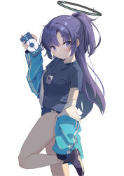 Rule 34 | 1girl, absurdres, black footwear, black halo, black shirt, blue archive, blue buruma, blue jacket, blush, buruma, cellphone, chun jiang, closed mouth, commentary request, gym shirt, halo, highres, holding, holding phone, jacket, lanyard, long hair, looking at viewer, official alternate costume, phone, purple eyes, purple hair, shirt, shoes, short sleeves, simple background, smile, standing, standing on one leg, track jacket, white background, yuuka (blue archive), yuuka (track) (blue archive)