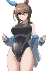 Rule 34 | 1girl, admire vega (umamusume), alternate costume, animal ears, black one-piece swimsuit, blush, breasts, brown hair, collarbone, competition swimsuit, covered navel, cowboy shot, ear covers, ear ornament, frown, groin, hair between eyes, hands up, highleg, highleg swimsuit, horse ears, horse girl, jacket, large breasts, long hair, long sleeves, looking at viewer, low ponytail, multicolored clothes, multicolored swimsuit, off shoulder, one-piece swimsuit, open clothes, open jacket, pataneet, ponytail, purple eyes, raised eyebrows, sidelocks, simple background, single ear cover, solo, standing, swimsuit, swimsuit under clothes, taut clothes, thick thighs, thighs, umamusume, white background, white jacket, wide hips