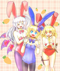 Rule 34 | 3girls, :d, alice margatroid, alice margatroid (pc-98), animal ears, bad id, bad pixiv id, black pantyhose, blonde hair, blue eyes, blush, bow, bowtie, breasts, carrot, cleavage, closed eyes, culter, fake animal ears, female focus, hair bow, holster, knife, leotard, long hair, maid headdress, medium breasts, multiple girls, mystic square, open mouth, pantyhose, playboy bunny, purple pantyhose, rabbit ears, red eyes, shinki (touhou), short hair, silver hair, small breasts, smile, sword, teardrop, thigh holster, thigh strap, touhou, touhou (pc-98), weapon, wings, wrist cuffs, yumeko (touhou)