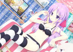 Rule 34 | 1girl, bad id, bad pixiv id, black bra, blush, bra, breasts, cleavage, controller, crossed legs, dutch angle, food, framed, hair ornament, hairclip, highres, lingerie, liong, long hair, navel, original, panties, picture frame, popsicle, purple eyes, purple hair, remote control, sitting, skinny, slender, solo, striped clothes, striped panties, striped thighhighs, thighhighs, tongue, underwear, underwear only