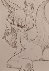 Rule 34 | 1other, animal ear fluff, animal ears, ass, commentary request, completely nude, furry, furry female, heart, highres, looking at viewer, made in abyss, medium hair, mitsuba-sama (milkba-ng), monochrome, nanachi (made in abyss), naughty face, nude, open mouth, short hair, smile, solo, sweat, tail, traditional media