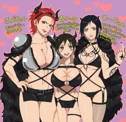 Rule 34 | 3girls, arm tattoo, beast pirates uniform, belt, bikini, black bikini, black hair, black horns, black nails, blush stickers, breast tattoo, breasts, cape, collarbone, commentary request, earrings, eustass kid, fishnet thighhighs, fishnets, genderswap, genderswap (mtf), hand on own hip, hand tattoo, heart, heart background, height difference, highres, horns, huge breasts, jewelry, large breasts, looking at viewer, monkey d. luffy, multiple girls, navel, one piece, open mouth, parted lips, piratesebine, purple background, red eyes, red hair, red lips, red nails, short hair, shoulder pads, single thighhigh, skirt, smile, stomach, studded belt, swimsuit, tattoo, thighhighs, thighs, trafalgar law, translated, yellow eyes