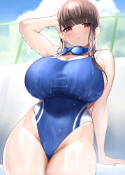 Rule 34 | 1girl, arm up, bare shoulders, black hair, blue one-piece swimsuit, blue sky, blush, breasts, cleavage, cloud, cloudy sky, commentary request, day, eyewear around neck, highleg, highleg swimsuit, highres, huge breasts, looking at viewer, omizu (h2o), one-piece swimsuit, original, poolside, red eyes, sitting, sky, solo, swim goggles, swimsuit, wet, wet clothes, wet swimsuit