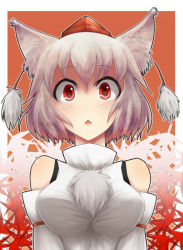 Rule 34 | 1girl, :&lt;, animal ears, bad id, bad pixiv id, bare shoulders, barefoot, breasts, calpis-don, calpish, detached sleeves, fangs, female focus, hat, inubashiri momiji, jpeg artifacts, large breasts, leaf, red eyes, short hair, silver hair, solo, tokin hat, touhou, triangle mouth, upper body, wide-eyed, wolf ears