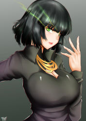 Rule 34 | 1girl, artist name, black dress, black hair, breasts, cleavage, dress, female focus, fubuki (one-punch man), glowing, glowing eyes, gradient background, green eyes, grey background, highres, jewelry, large breasts, looking at viewer, looking to the side, necklace, norman maggot, one-punch man, parted lips, short hair, simple background, solo, upper body