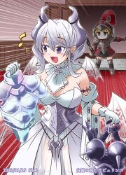 Rule 34 | 2girls, armor, blonde hair, breasts, cleavage, commission, demon girl, demon horns, demon wings, dress, duel monster, gloves, grey eyes, grey hair, helmet, holding, horns, knight (yu-gi-oh!), kousei (public planet), large breasts, lovely labrynth of the silver castle, low wings, multiple girls, pointy ears, skeb commission, smile, spiked armor, twintails, wings, yu-gi-oh!