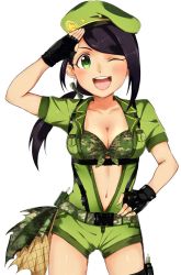 Rule 34 | 1girl, ;d, belt, beret, bikini, bikini top only, black gloves, black hair, breasts, camouflage, camouflage bikini, center opening, cleavage, earrings, fingerless gloves, front-tie bikini top, front-tie top, gloves, green eyes, hat, highres, holster, idolmaster, idolmaster cinderella girls, idolmaster cinderella girls starlight stage, jewelry, long hair, looking at viewer, low ponytail, medium breasts, navel, one eye closed, open mouth, overalls, ponytail, salute, simple background, smile, solo, swept bangs, swimsuit, thigh holster, underbust, vivid (key), walkie-talkie, white background, yamato aki