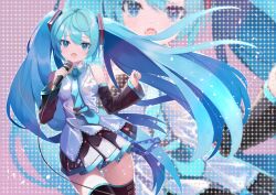 Rule 34 | 1girl, bare shoulders, black skirt, black sleeves, black thighhighs, blue eyes, blue hair, blue nails, blue necktie, breasts, collared shirt, commentary, cowboy shot, detached sleeves, dot nose, english commentary, fingernails, floating hair, grey shirt, hair between eyes, hair ornament, hands up, hatsune miku, holding, holding microphone, leaning to the side, light blush, long hair, looking at viewer, medium breasts, microphone, miniskirt, music, nail polish, necktie, open mouth, pleated skirt, screen, screen zoom, shirt, singing, skirt, sleeveless, sleeveless shirt, takepon1123, thigh gap, thighhighs, tie clip, twintails, very long hair, vocaloid, wide sleeves