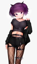 Rule 34 | &gt;:), 1girl, bad id, bad pixiv id, belt, belt buckle, black choker, black jacket, black shirt, black shorts, blunt bangs, blush, boruhis, breasts, brown pantyhose, buckle, choker, closed mouth, collarbone, goth fashion, gothic, grey background, hand up, highres, idolmaster, idolmaster shiny colors, jacket, pantyhose under shorts, nail polish, navel, off shoulder, open clothes, open jacket, pantyhose, purple nails, shirt, short hair, short shorts, short twintails, shorts, simple background, sleeves past wrists, small breasts, smile, solo, spikes, tanaka mamimi, thigh strap, twintails, v-shaped eyebrows