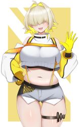 Rule 34 | 1girl, ahoge, bare shoulders, blonde hair, breasts, commentary, cowboy shot, cropped sweater, elegg (nikke), exposed pocket, fang, gloves, gluteal fold, goddess of victory: nikke, grey shorts, hair intakes, hair over eyes, hand on own hip, hand up, high collar, highres, large breasts, long sleeves, multicolored hair, navel, open mouth, shorts, smile, solo, surippa1010, suspenders, sweater, thigh strap, thighs, two-tone hair, white background, white sweater, yellow background, yellow gloves