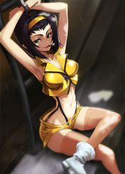 Rule 34 | 1girl, armpits, arms up, bondage, boots, bound, bound wrists, breasts, cleavage, cowboy bebop, faye valentine, goomrrat, green eyes, hairband, key, crossed legs, looking at viewer, mouth hold, navel, open fly, orange hairband, purple hair, short shorts, shorts, sitting, smile, solo, stomach, suspenders, thighhighs, yellow hairband