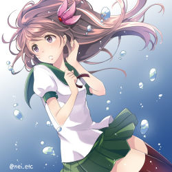 Rule 34 | 10s, 1girl, :o, air bubble, brown hair, brown thighhighs, bubble, floating hair, green skirt, hair ornament, kantai collection, kisaragi (kancolle), long hair, nei (etc), parted lips, pleated skirt, purple eyes, school uniform, shirt, short sleeves, skirt, solo, submerged, thighhighs, underwater, uniform, water, white shirt, zettai ryouiki