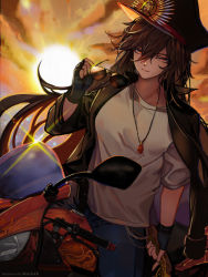 Rule 34 | 1girl, black gloves, breasts, brown hair, cloud, cloudy sky, denim, unworn eyewear, fate/grand order, fate (series), fingerless gloves, gloves, hair between eyes, hat, holding, holding removed eyewear, jacket, jeans, jewelry, lens flare, long hair, long sleeves, looking at viewer, march ab, military hat, motor vehicle, motorcycle, necklace, oda nobunaga (fate), oda nobunaga (koha-ace), open clothes, open jacket, pants, peaked cap, pendant, red eyes, shirt, short sleeves, signature, sitting, skull necklace, sky, solo, sun, sunglasses, sunset, wavy hair, white shirt