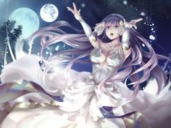 Rule 34 | 10s, 1girl, breasts, bridal gauntlets, center opening, cleavage, dress, finis (lost song), green eyes, jewelry, kokutou, leaf, long hair, lost song, medium breasts, moon, night, night sky, open mouth, ring, sky, solo, sparkle, star (sky), teeth, tree, very long hair, white hair