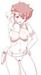 Rule 34 | 1girl, bandana, bar censor, belt, bottomless, breasts, breasts out, censored, cleavage, cleft of venus, dirty pair, earrings, gloves, hand on own hip, highres, jewelry, kei (dirty pair), looking at viewer, navel, nipples, no panties, ohtado, open mouth, pussy, short hair, simple background, single glove, white background