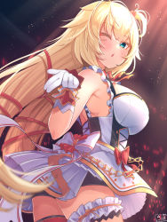 Rule 34 | 1girl, akai haato, aqua eyes, asymmetrical legwear, bare shoulders, bike shorts, blonde hair, blush, bodice, breasts, commentary request, frilled straps, gloves, glowstick, hair ribbon, hand up, highres, hololive, hololive idol uniform, idol, idol clothes, large breasts, layered skirt, long hair, looking at viewer, low twintails, magowasabi, official alternate costume, one eye closed, one side up, parted lips, red ribbon, revision, ribbon, signature, single thighhigh, skirt, skirt set, sleeveless, solo, standing, thigh strap, thighhighs, twintails, twitter username, uneven legwear, very long hair, virtual youtuber, white gloves