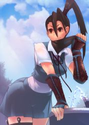 Rule 34 | 1girl, adunba rell, antenna hair, arm guards, capcom, cropped vest, fountain, high ponytail, highres, ibuki (street fighter), mask pull, md5 mismatch, miniskirt, ponytail, see-through, skello, skirt, smile, solo, street fighter, street fighter v, vest, water