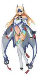 Rule 34 | 1girl, absurdres, arc system works, bare shoulders, blazblue, blonde hair, blue eyes, cape, clothing cutout, detached sleeves, expressionless, forehead protector, halterneck, headdress, highres, long hair, mu-12, nail polish, navel, navel cutout, ofuda, robot ears, simple background, solo, thighhighs, toeless legwear, toenail polish, toenails, toes, white thighhighs
