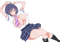 Rule 34 | 1girl, arms up, bad id, bad twitter id, black socks, breasts, breasts out, cellphone, cleavage, huge breasts, looking at viewer, lying, necktie, nijisanji, nuezou, on back, open mouth, phone, plaid, plaid skirt, purple hair, shirt, shizuka rin, short hair, simple background, skirt, smartphone, smile, socks, solo, striped necktie, striped neckwear, thick thighs, thighs, unfinished, virtual youtuber, white background, yellow eyes