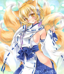 Rule 34 | 1girl, alternate costume, animal ears, artist name, at classics, blonde hair, breasts, closed mouth, cowboy shot, fox ears, groin, hair between eyes, japanese clothes, large breasts, long sleeves, looking at viewer, miko, multiple tails, ribbon-trimmed sleeves, ribbon trim, sample watermark, short hair, smile, solo, tail, touhou, traditional media, watermark, wide sleeves, yakumo ran, yellow eyes
