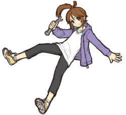 Rule 34 | 1girl, brown eyes, brown hair, hito, hood, hoodie, jewelry, necklace, open clothes, open hoodie, original, shoes, sketch, smile, sneakers, solo, topknot, wrench