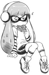 Rule 34 | 1girl, bad id, bad pixiv id, bike shorts, blush, commentary request, doughnut, eating, eyebrows, food, food in mouth, greyscale, headphones, heart, heart-shaped pupils, inkling, inkling girl, inkling player character, long hair, long sleeves, monochrome, nintendo, nyxon, shoes, sneakers, solo, splatoon (series), splatoon 1, symbol-shaped pupils, tentacle hair, thick eyebrows