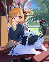 Rule 34 | 1girl, absurdres, animal ear headphones, animal ears, ass, black dress, blonde hair, blue archive, blush, broom, dress, fake animal ears, halo, headphones, highres, holding, holding broom, long sleeves, looking at viewer, looking back, maid, maid headdress, momoi (blue archive), momoi (maid) (blue archive), no shoes, official alternate costume, open mouth, panties, panties under pantyhose, pantyhose, pink eyes, pink halo, red eyes, short hair, solo, suye, underwear, white pantyhose
