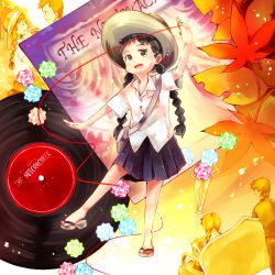 Rule 34 | 1girl, bag, black hair, blouse, braid, crying, crying with eyes open, hat, leaf, long hair, ojamajo doremi, pleated skirt, sandals, shirt, skirt, smile, solo, sun hat, tears, twin braids, very long hair