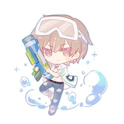 Rule 34 | 1boy, blonde hair, blue pants, brown dust 2, bubble, chibi, closed mouth, denim, diving mask, diving mask on head, full body, goggles, goggles on head, gray (brown dust), hair between eyes, holding, holding water gun, jeans, looking at viewer, luppykiy, navel, open clothes, open shirt, pants, red eyes, shirt, short hair, simple background, smile, solo, standing, standing on one leg, torn clothes, torn jeans, torn pants, water gun, white background, white shirt