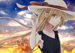 Rule 34 | 1girl, absurdres, arm up, blonde hair, brown eyes, collarbone, hachimitsu honey, hat, hat ribbon, highres, long hair, looking at viewer, original, parted lips, red ribbon, ribbon, solo