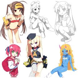 Rule 34 | 6+girls, absurdres, azur lane, bache (azur lane), backpack, bag, bikini, blonde hair, blue one-piece swimsuit, blue skin, breasts, broken horn, brown hair, character request, colored skin, copyright request, denim, denim shorts, detached sleeves, fishnet thighhighs, fishnets, flat chest, green eyes, hair ribbon, hands on own hips, hat, highres, hiiragi kagami, horns, jacket, jiryu50610218, kagamine rin, long hair, looking at viewer, lucky star, micro bikini, multiple girls, old school swimsuit, one-piece swimsuit, open clothes, open jacket, open mouth, ping hai (azur lane), ping hai (summer vacation) (azur lane), pink eyes, pink hair, pink horns, pointy ears, red bikini, red eyes, ribbon, sailor collar, school swimsuit, school uniform, serafuku, short hair, short shorts, shorts, simple background, single thighhigh, sitting, sketch, sleeveless, small breasts, socks, squatting, swimsuit, thighhighs, twintails, two side up, very long hair, visor cap, vocaloid, white background, yellow jacket