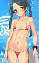 Rule 34 | 10s, 1girl, 2016, arm at side, artist name, bikini, black hair, blush, breasts, closed mouth, collarbone, cowboy shot, dated, covered erect nipples, green eyes, hair ribbon, head tilt, heart, highres, holding, imazon, kantai collection, long hair, looking at viewer, micro bikini, mikuma (kancolle), navel, red ribbon, ribbon, side-tie bikini bottom, small breasts, smile, solo, sparkle, standing, stomach, surfboard, swimsuit, text focus, toned, translated, twintails, yellow ribbon