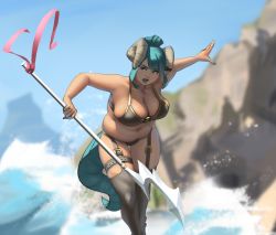 Rule 34 | 1girl, armor, big belly, bikini armor, black thighhighs, breasts, cleavage, commentary, curled horns, day, dragon girl, dragon tail, english commentary, fat rolls, fingernails, garter straps, green eyes, green hair, green lips, green nails, green tail, hair bun, highres, holding, holding polearm, holding spear, holding weapon, horns, large breasts, lysaris (steamedturnips), mole, mole under eye, nail polish, navel, ocean, original, outdoors, plump, polearm, ribbon, single hair bun, skindentation, solo, spear, steamedturnips, tail, thigh strap, thighhighs, water, waves, weapon