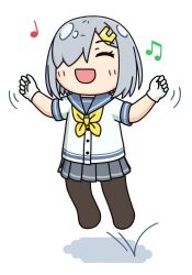 Rule 34 | 1girl, beamed eighth notes, black pantyhose, blue eyes, closed eyes, commentary request, grey hair, grey sailor collar, grey skirt, hair ornament, hair over one eye, hairclip, hama! (3toshinhmkz), hamakaze (kancolle), jumping, kantai collection, musical note, neckerchief, no nose, pantyhose, pleated skirt, quarter note, sailor collar, school uniform, serafuku, short hair, simple background, skirt, solo, w arms, white background, yellow neckerchief