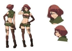Rule 34 | 1girl, ass, back, bandeau, barbara (grimgar), breasts, brown hair, cleavage, cleavage cutout, clothing cutout, full body, glasses, hai to gensou no grimgar, hand on own hip, hood, hooded jacket, jacket, large breasts, lowleg, lowres, navel, official art, revealing clothes, short shorts, shorts, thighhighs, underboob