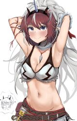 Rule 34 | 2girls, absurdres, arknights, belt, black hairband, blush, breasts, brown hair, cleavage, commentary, crop top, fake horns, grey eyes, grey hair, groin, hair between eyes, hairband, highres, horns, jewelry, kirin (armor), kirin r yato (arknights), large breasts, long hair, m e e p y, midriff, monster hunter (series), multicolored hair, multiple girls, navel, necklace, pendant, shorts, smile, stomach, swimsuit, two-tone hair, upper body, very long hair, yato (arknights)
