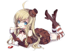 Rule 34 | 10s, 1girl, ahoge, bad id, bad pixiv id, blonde hair, blue eyes, blush, boots, bow, bowtie, breasts, chocolat (noucome), cleavage, cookie, detached collar, detached sleeves, dress, food, frilled dress, frills, full body, hat, holding, large breasts, long hair, long sleeves, lying, mini hat, mini top hat, open mouth, ore no nounai sentakushi ga gakuen love-comedy wo zenryoku de jama shiteiru, over-kneehighs, shadow, sketch, socks, solo, striped clothes, striped socks, striped thighhighs, thighhighs, top hat, white background, wrist cuffs, yukiwo