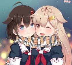 Rule 34 | 2girls, ;d, ahoge, akino ell, black ribbon, black serafuku, blonde hair, blue eyes, blurry, blurry foreground, blush, braid, breasts, brown hair, brown scarf, cheek-to-cheek, closed mouth, fang, hair between eyes, hair flaps, hair ornament, hair over eyes, hair ribbon, hairclip, heads together, kantai collection, light particles, long hair, multiple girls, neckerchief, one eye closed, open mouth, puffy short sleeves, puffy sleeves, red eyes, red neckerchief, ribbon, scarf, school uniform, serafuku, shared clothes, shared scarf, shigure (kancolle), short sleeves, single braid, skin fang, small breasts, smile, tareme, twitter username, upper body, yuri, yuudachi (kancolle)