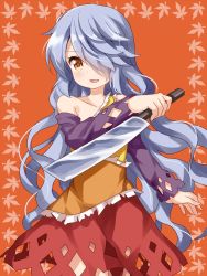 Rule 34 | 1girl, bare shoulders, commentary request, cowboy shot, detached sleeves, hair over one eye, hatchet, highres, holding, holding weapon, leaf, long hair, long sleeves, looking at viewer, nata (tool), orange background, orange eyes, parted lips, red skirt, ruu (tksymkw), sakata nemuno, silver hair, simple background, single strap, skirt, smile, solo, standing, touhou, very long hair, wavy hair, weapon