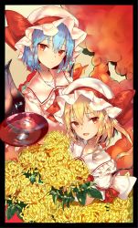 Rule 34 | 2girls, alcohol, arm ribbon, ascot, bat wings, beige background, black border, blonde hair, blue hair, blush, border, bow, collarbone, commentary request, cup, fang, flandre scarlet, flower, frilled shirt collar, frills, hair between eyes, hat, hat bow, highres, holding, holding cup, leaf, looking at viewer, mob cap, multiple girls, open mouth, pointy ears, puffy short sleeves, puffy sleeves, red ascot, red bow, red eyes, red ribbon, red vest, remilia scarlet, ribbon, sakazuki, sake, sakusyo, short sleeves, siblings, sisters, touhou, upper body, vest, white hat, wings, yellow flower