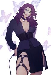 Rule 34 | 1girl, abigail (stardew valley), absurdres, alternate costume, animal print, black choker, black skirt, breasts, butterfly print, choker, collared shirt, commentary, earrings, english commentary, green eyes, head tilt, highres, holding, holding whip, hoop earrings, jewelry, large breasts, lips, long hair, long sleeves, looking at viewer, m kun, medium breasts, parted lips, partially unbuttoned, pelvic curtain, pink lips, purple hair, purple shirt, shirt, skirt, solo, stardew valley, thigh strap, whip, white background