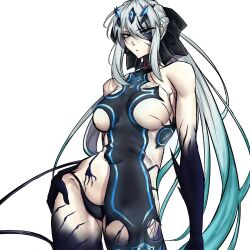 Rule 34 | 1girl, alternate costume, black bow, black panties, black skin, blue eyes, blue hair, body markings, bow, braid, breasts, closed mouth, colored extremities, colored skin, commentary, cosplay, english commentary, fate/grand order, fate (series), forehead jewel, french braid, gradient hair, grey hair, hair between eyes, hair bow, hand on own hip, highres, large breasts, long hair, melusine (fate), melusine (fate) (cosplay), melusine (third ascension) (fate), moren eh, morgan le fay (fate), multicolored hair, panties, sidelocks, simple background, solo, two-tone hair, underwear, very long hair, white background