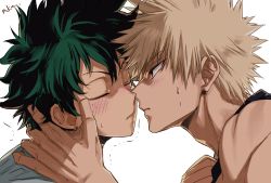 Rule 34 | 2boys, bakugou katsuki, black tank top, blonde hair, blush, boku no hero academia, closed mouth, closed eyes, freckles, hand on another&#039;s neck, imminent kiss, looking at another, male focus, midoriya izuku, mkm (mkm storage), multiple boys, red eyes, signature, simple background, spiked hair, sweatdrop, tank top, white background, yaoi