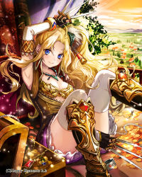 Rule 34 | 1girl, absurdres, anatamouta, blonde hair, blue eyes, boots, bra, bracelet, breasts, cleavage, coin, elbow gloves, gloves, highres, jewelry, knife, long hair, lots of jewelry, necklace, side ponytail, sitting, skirt, solo, thighhighs, thousand emperors, treasure chest, underwear, white thighhighs