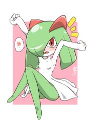 Rule 34 | 1girl, arm up, armpits, artist name, blush, border, breasts, collarbone, colored skin, creatures (company), female focus, full body, game freak, gen 3 pokemon, green hair, green skin, hair over one eye, japanese text, kazamidoririnn, kirlia, knees together feet apart, knees up, legs, looking at viewer, medium hair, multicolored skin, navel, nintendo, nose blush, notice lines, one eye covered, open mouth, outside border, outstretched arm, pink background, pokemon, pokemon (creature), red eyes, sidelocks, signature, simple background, sitting, small breasts, solo, speech bubble, stretching, surprised, thighs, translated, two-tone skin, white border, white skin