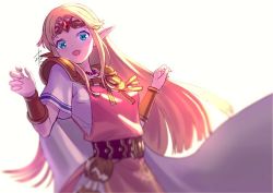 Rule 34 | 1girl, bangle, blonde hair, blue eyes, bracelet, cape, commentary request, dress, earrings, hands up, jewelry, long hair, looking at viewer, necklace, nintendo, open mouth, pointy ears, princess zelda, short sleeves, shoulder pads, solo, super smash bros., the legend of zelda, the legend of zelda: a link between worlds, tiara, tunic, white dress, yamahara