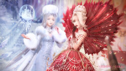 Rule 34 | 2girls, 3d, bare shoulders, blurry, blurry background, bottle, breasts, choker, commentary, copyright name, crown, dress, earrings, english commentary, gloves, hair bun, hand on own chin, highres, ice, jewelry, long hair, looking at viewer, medium breasts, multiple girls, official art, official wallpaper, red dress, red gloves, shining nikki, siblings, sisters, snow, snow globe, snowflakes, white choker, white dress, white eyes, white hair, white headwear, wine bottle, yellow eyes