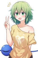 Rule 34 | 1girl, adapted costume, arm behind back, bare shoulders, blush, casual, closed eyes, contemporary, green eyes, green hair, heart, highres, komeiji koishi, looking at viewer, medium hair, off shoulder, open mouth, shirt, simple background, siw0n, smile, solo, t-shirt, third eye, touhou, upper body, v, white background