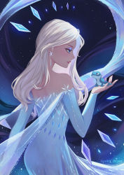 Rule 34 | 1girl, absurdres, animal, artist name, bare shoulders, black background, blonde hair, blue dress, blue eyes, bruni (frozen), commentary, dark background, dress, earrings, elsa (frozen), english commentary, feet out of frame, frozen (disney), hair down, hair over shoulder, highres, jewelry, lipstick, long hair, looking to the side, makeup, mascara, parted lips, profile, salamander, shiro-hane, skirt, smile, snowflake earrings, snowflake print, snowflakes, solo, twitter username