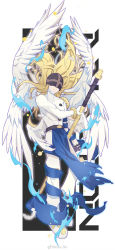 Rule 34 | 1boy, angel wings, angemon, black background, blonde hair, bodysuit, closed mouth, collarbone, digimon, digimon (creature), digimon adventure, facing viewer, feathered wings, feathers, floating hair, gloves, helmet, highres, holding, holding weapon, long hair, multiple wings, rin kaki, smile, solo, torn clothes, weapon, white background, white bodysuit, white wings, wings
